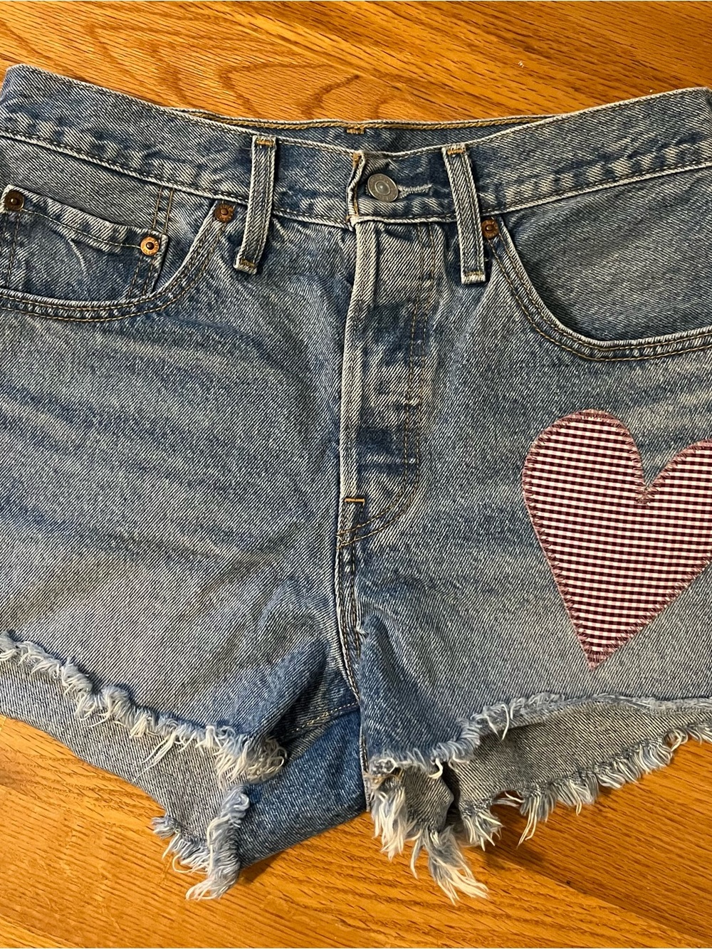 Levi's Blue Denim Cutoff Shorts with Burgundy Gingham Heart